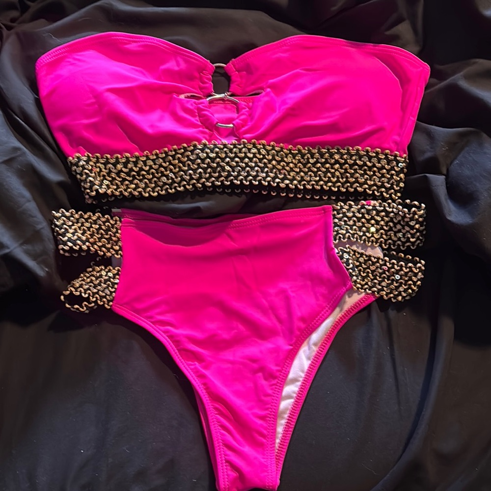 Vibrant Pink Strapless Bikini with Gold Accents